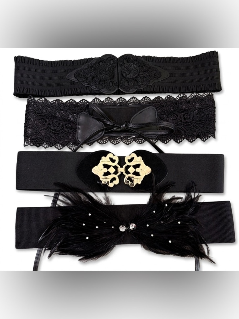Lot of 4 Black Statement Belts - Lace & Feathers Goth Witchy Whimsigoth L/XL